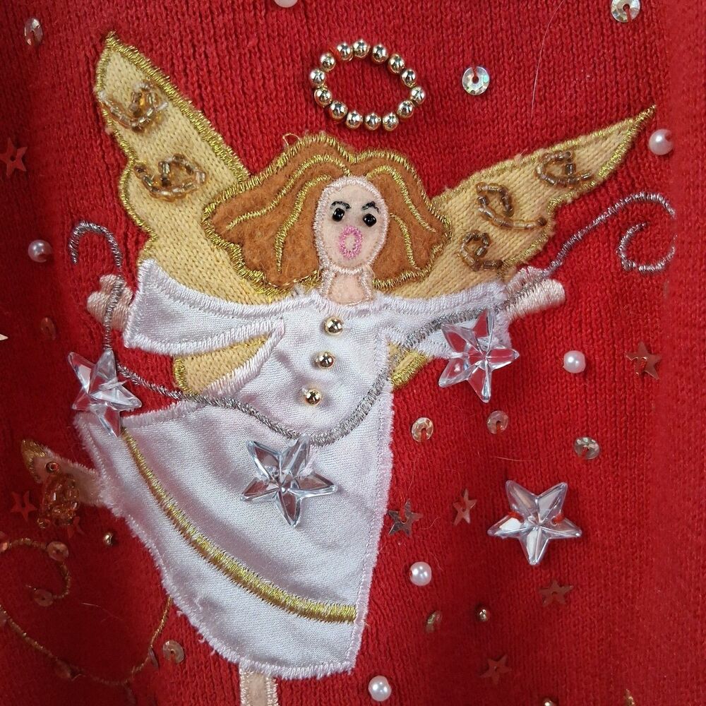 Quacker Factory Women's Red Angel Christmas Embellished V Neck Sweater Size L - Picture 9 of 11